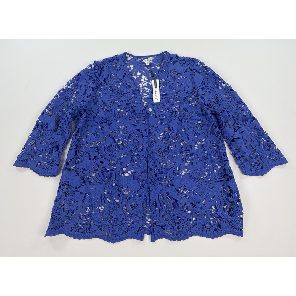 Chicos Travelers Blue Floral Lace Jacket Cardigan Women's Size 2 Large New $129
